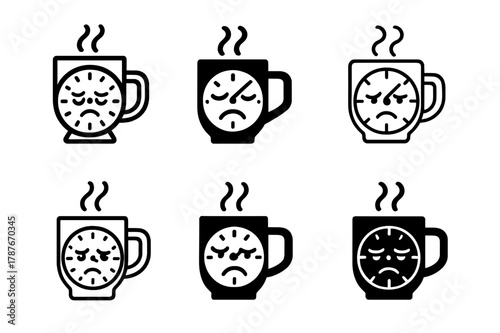 Parenting Icon Variations. new parent anxiety. Set Logo of new parent anxiety: Sleepless clock and coffee mug. Icon set. harmonious logo variations of the same