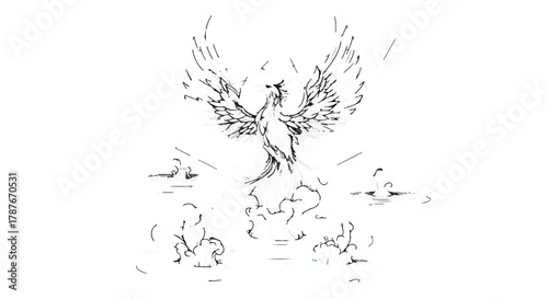 Mythical phoenix rising from ashes with wings spread, symbolizing rebirth and resilience