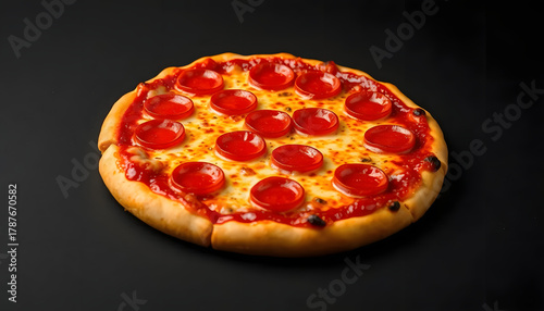 A pepperoni pizza with a golden crust on a dark background