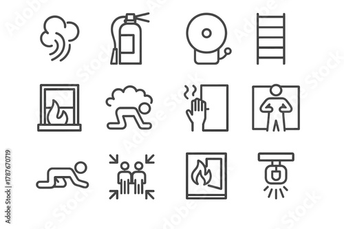 Fire Escape Icon Set. Fire Escape. Line icon set of Fire Escape: smoke plume, fire extinguisher, alarm bell, emergency ladder, window exit, crawl low under