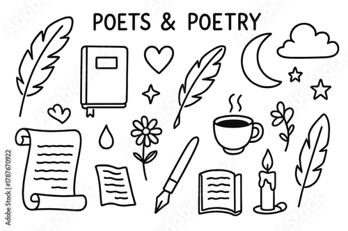 Poetry Symbols Doodle. Poets and poetry. Hand-drawn doodle illustration poets and poetry quill, notebook, heart, moon, cloud, stars, feather, scroll, ink drop,