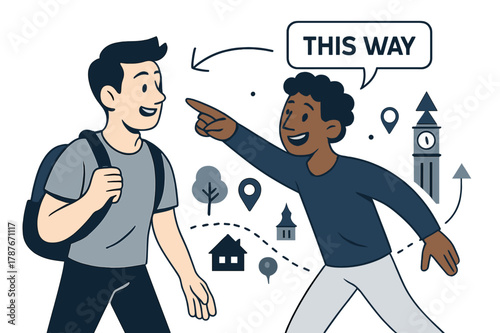 Friendly Directions Scene. Asking for directions. He smiles at a local who points with a warm arc; ?This way? tag hovers above intersecting arrows. Landmarks
