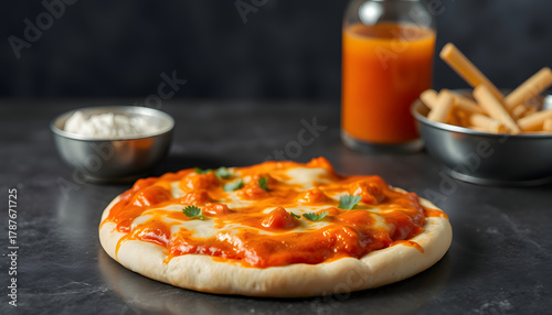 Buffalo chicken pizza with juice and breadsticks on dark table
