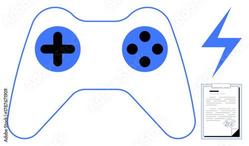 Game controller, lightning bolt, and signed document. Ideal for gaming, technology, productivity, energy, innovation creativity and virtual agreements. Simple flat metaphor
