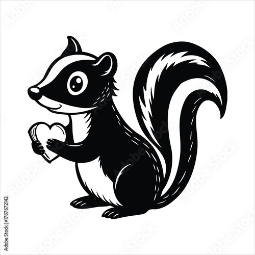 Cute skunk sitting and holding a heart vector illustration