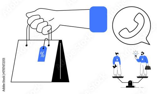 Hand holding discount-tagged shopping bag, phone call bubble, and scales with professionals. Ideal for retail, e-commerce, customer support, teamwork, decision-making, negotiation equality simple