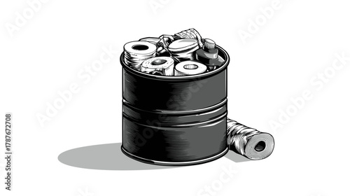 Black and white illustration of a metal barrel overflowing with scrap, discarded materials, and metal waste. Recycling, pollution, and sustainability concept.