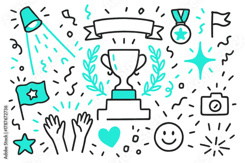 Glorious Victory Celebration. Glory moment. Hand-drawn doodle illustration glory moment trophy cup (accented), laurel wreath (accented), confetti, spotlight