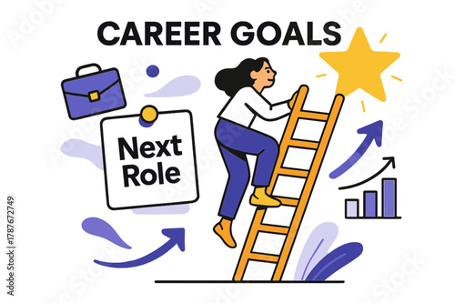 Career Success Visualization. Vision Board ? Career Goals. A tidy ladder leans toward a glowing goal star; caption ?Next Role? pins to a card.