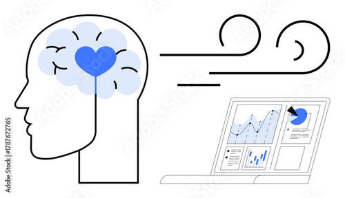 Profile of a head with a heart in the brain alongside a laptop displaying analytics. Ideal for mental health, emotional intelligence, data analysis, innovation, mindfulness, self-awareness