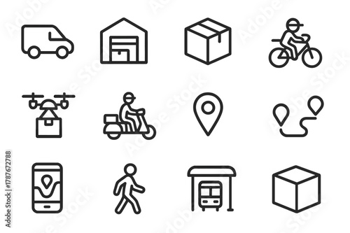 Delivery Network Icons. Delivery network. Line icon set of delivery network: delivery van, warehouse, package, bicycle courier, drone, scooter, map marker,