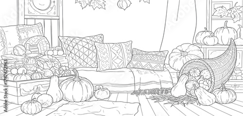 Cozy Fall Harvest Cornucopia with Pumpkins and Pillows, Thanksgiving and Autumnal Decor