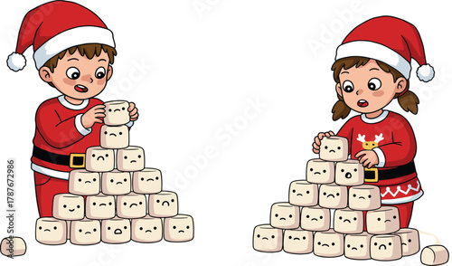 Cute Christmas boy and girl wearing Santa costumes stacking marshmallows with funny faces for holiday winter celebration illustration design