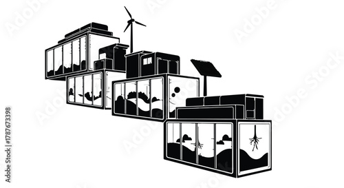 Sustainable modular housing with renewable energy sources like solar and wind power.