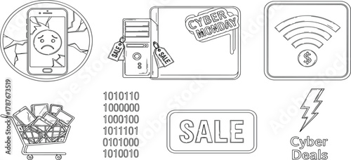 Cyber Monday illustrations discounts, shopping, and technology icons