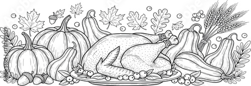 Whimsical Hand-Drawn Thanksgiving Harvest Illustration Featuring a Roast Turkey Surrounded by Pumpkins, Gourds, and Autumn Leaves