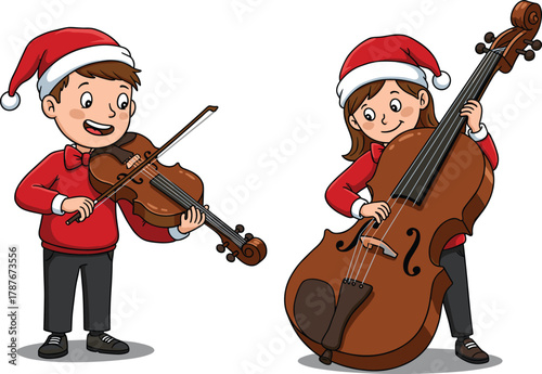 Cute Christmas boy and girl wearing Santa hats playing violin and cello together in festive holiday concert musical winter illustration