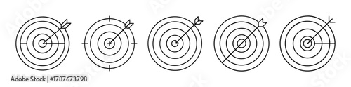 Five line art target icons with arrows hitting bullseye