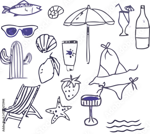 Hand draw summer collection. Palm, ice cream, sea. Crayon drawing style, Italian la dolce vita card
