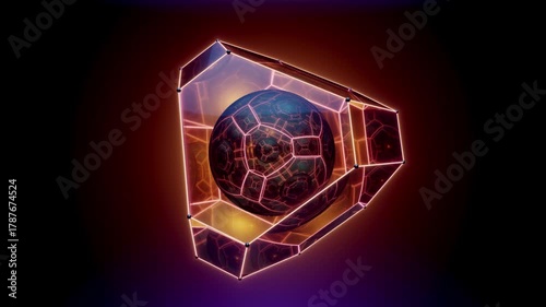 Futuristic Power Core: Abstract Sci-Fi Object with Rotating Crystal Cage and Neon Edges