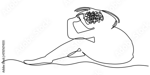 Continuous line drawing of business woman in depression, stressed, and depair. Vector illustration