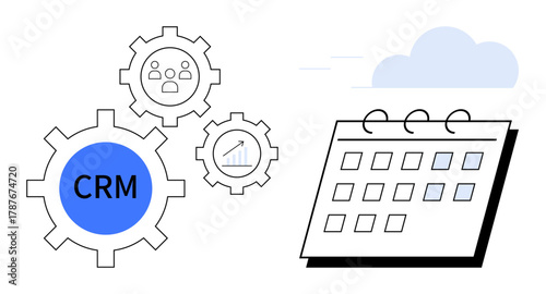 Gear icons labeled CRM, chart, and people linked with a calendar. Ideal for management, productivity, teamwork, planning, CRM scheduling data analysis. A simple flat metaphor