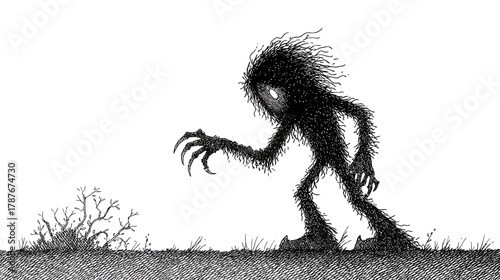 Mysterious hairy dark monster creature with glowing eyes and sharp claws reaching out on white. Spooky fantasy illustration.