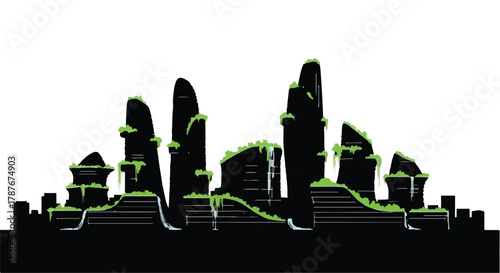 Mysterious ancient ruins overgrown with lush green moss and vines, silhouetted against a bright background.