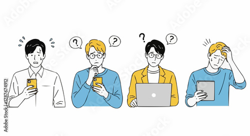 Set of Concerned and Confused East Asian Men Using Devices – Minimalist Vector Illustration