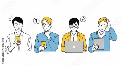 Set of Concerned and Confused East Asian Men Using Devices – Minimalist Vector Illustration