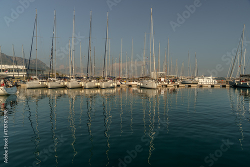 Sail boat harbor in evening