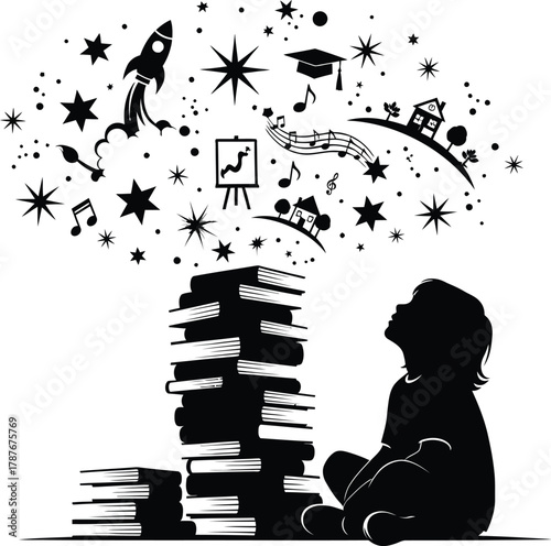 A child sits surrounded by books, dreaming of future success and knowledge, with symbols of learning and achievement floating above