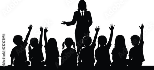 Silhouette of a teacher in front of students with raised hands, symbolizing education, learning, and interactive classroom environment