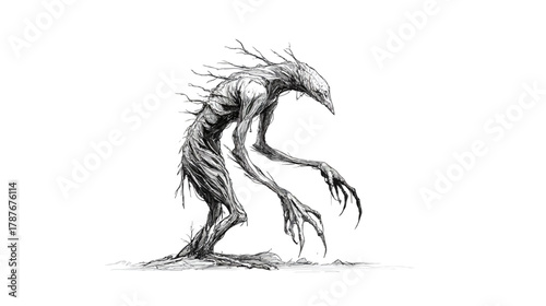 Detailed sketch of a haunting fantasy creature, a wood spirit monster with sharp claws, branch-like body, and thin limbs in black and white.