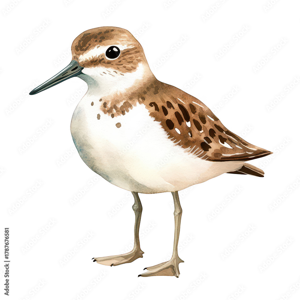 Obraz premium A beautifully illustrated shorebird standing on slender legs. its speckled brown and white plumage. with a soft focus background that highlights its natural habitat and serene environment