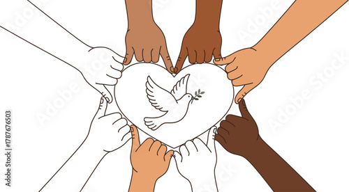Diverse hands unite around a heart with a dove, symbolizing peace, love, and unity among different cultures, promoting harmony and understanding