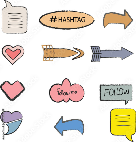 A playful collection of hand-drawn doodle icons featuring arrows, hearts, and chat bubbles designed for social media, planners, and creative projects.