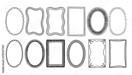 Unique collection of hand drawn frames for creating custom greeting cards, artistic invitations, and eye catching promotional materials featuring various shapes and stylish borders