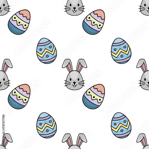 Adorable seamless vector pattern featuring playful aster eggs and cute bunny faces, perfect for festive holiday designs.