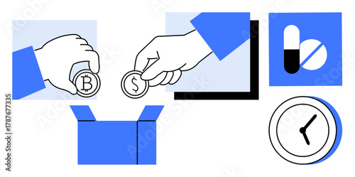 Hand offering crypto and dollar coins, open package, pills, clock. Ideal for finance, healthcare, delivery, cryptocurrency time management efficiency investment. Simple flat metaphor