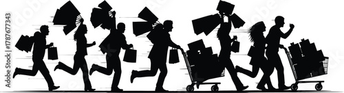 Silhouettes of shoppers running with shopping bags and carts, symbolizing rush and excitement of black friday sales