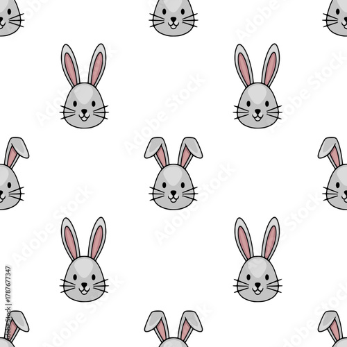 Adorable grey bunny faces with pink inner ears, arranged in a repeating seamless vector pattern on a white background, evoking a playful and sweet Easter theme.