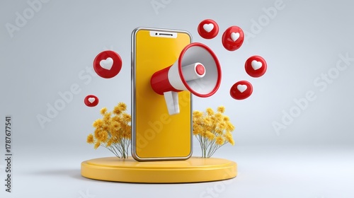 A vibrant digital artwork featuring a smartphone with a megaphone and floating heart icons, symbolizing communication and social connection.