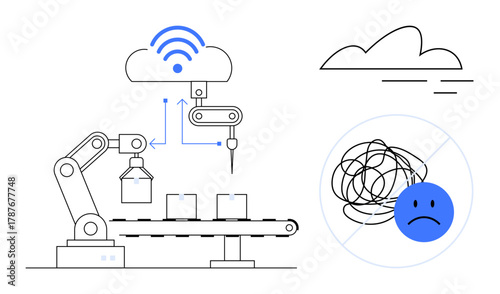 Robotic arm on conveyor integrates with cloud for workflow efficiency, automation, reduced errors, and problem resolution. Ideal for technology, AI, industry 4.0, productivity process optimization