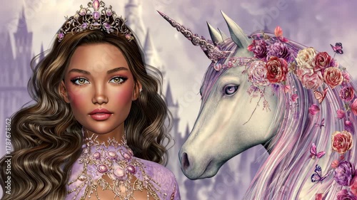 Enchanted Princess with a Magical Unicorn in a Fantasy Realm