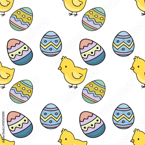 A seamless vector pattern featuring adorable yellow chicks and vibrantly decorated Easter eggs with playful wavy designs.