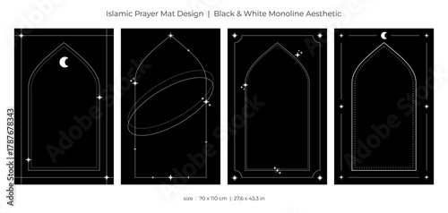 Islamic prayer mat design. Black and white monoline aesthetic element.