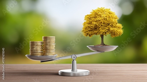 A balance scale juxtaposes coins and a tree, symbolizing the relationship between wealth and nature.
