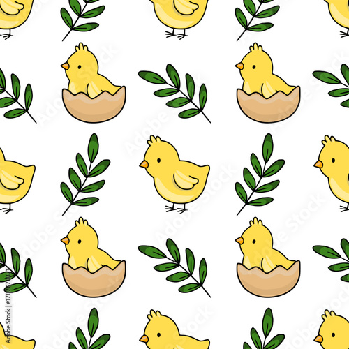 Seamless vector pattern featuring adorable yellow chicks and green leafy branches, perfect for spring and Easter themes.