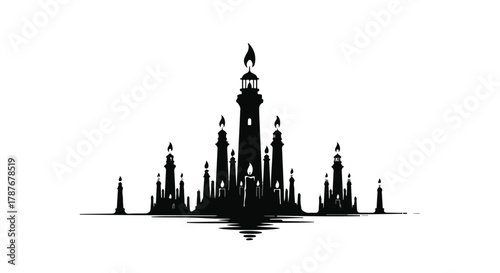 Mysterious dark lighthouse landscape with a fiery beacon, symbolizing hope and guidance.